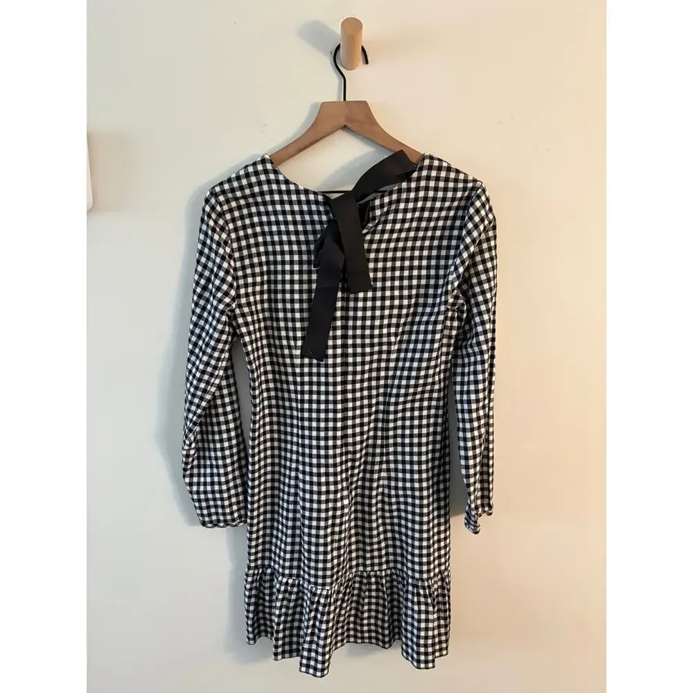 J. Crew Gingham Plaid Ruffle Dress XS Black White Tie Back Long Sleeve Twee